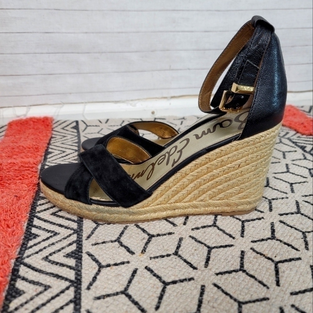 SAM EDELMAN BRENDA BLACK SUEDE ESPADRILLE WEDGES, SZ 10